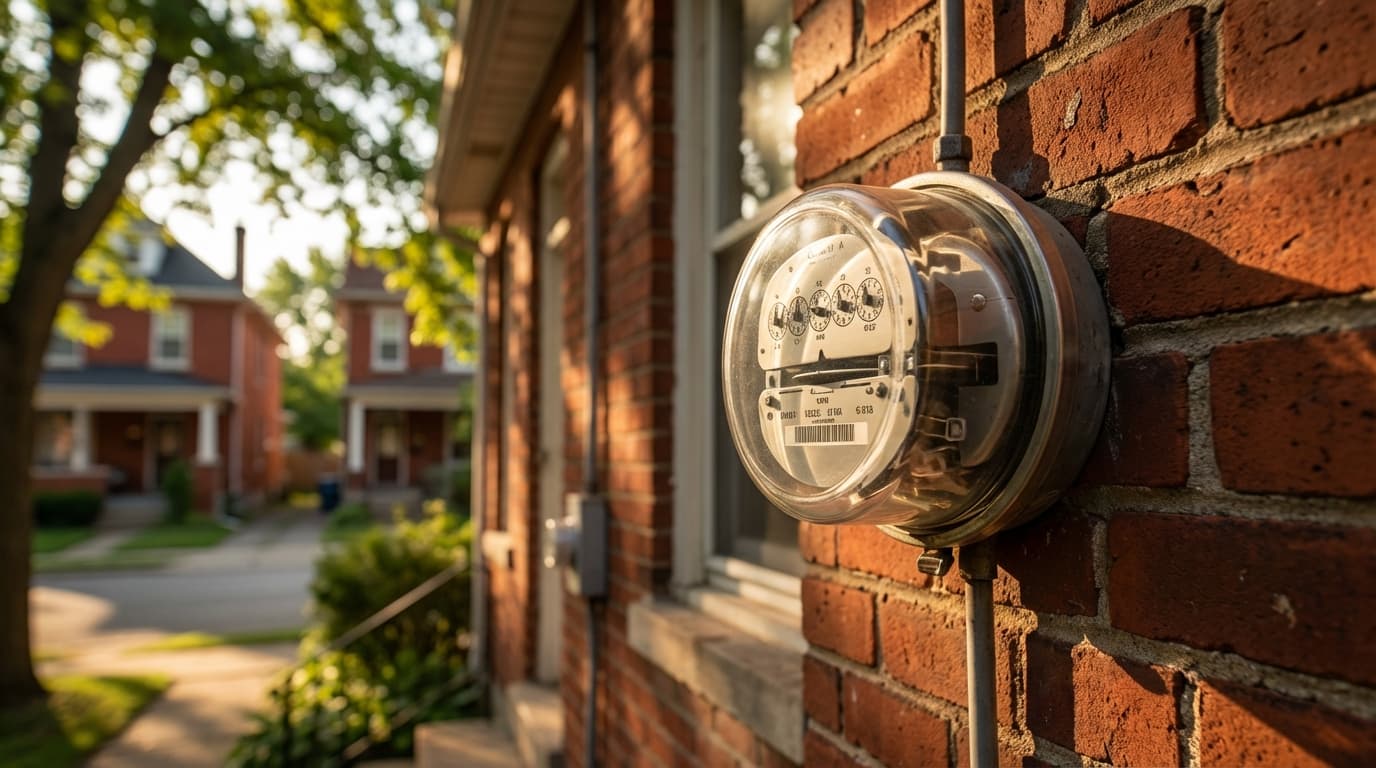 A residential electric meter on the side of a home, symbolizing energy consumption that every household can reduce through efficiency