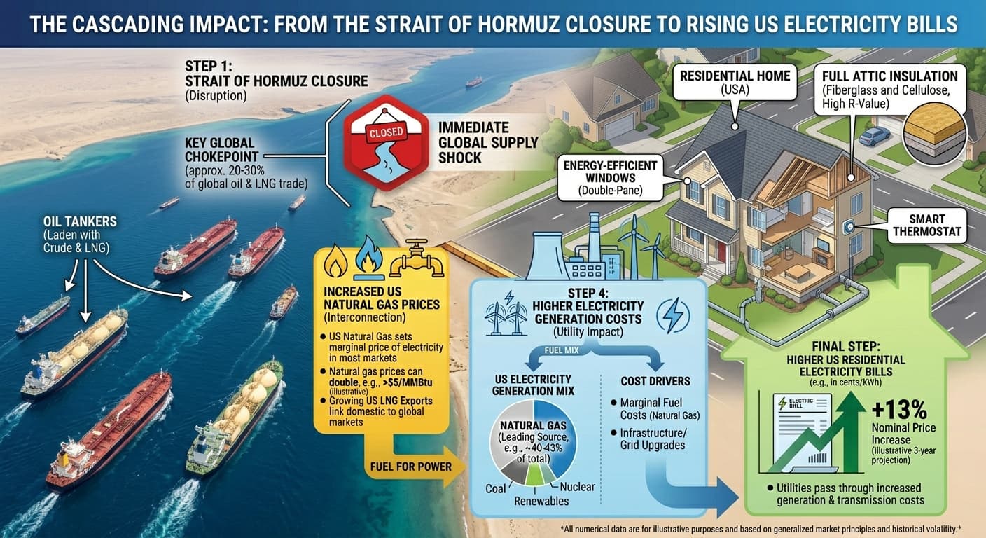 Infographic showing the cascade from Strait of Hormuz closure to rising US electricity bills, with key data points at each stage