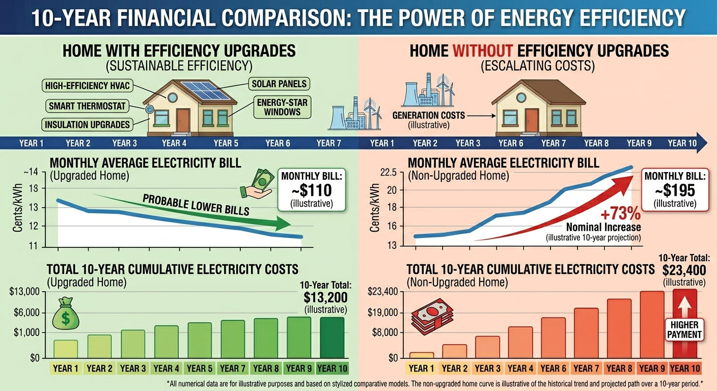 Side-by-side comparison of two identical homes: one with efficiency upgrades showing lower bills, one without showing escalating costs over a 10-year timeline