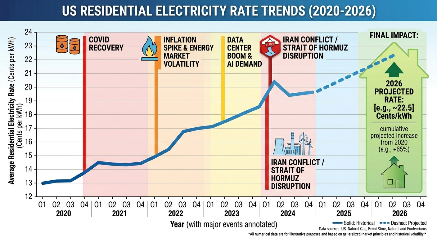 Chart comparing US residential electricity rate trends from 2020-2026 with major events annotated: COVID recovery, inflation spike, data center boom, Iran conflict