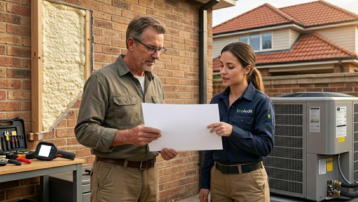 Homeowner reviewing energy audit results with a contractor, with visible insulation and heat pump equipment in the background