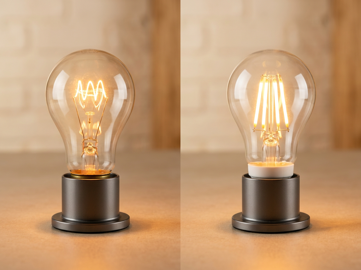 A side-by-side comparison of an incandescent bulb and an LED bulb, showing equal light output with dramatically different energy consumption