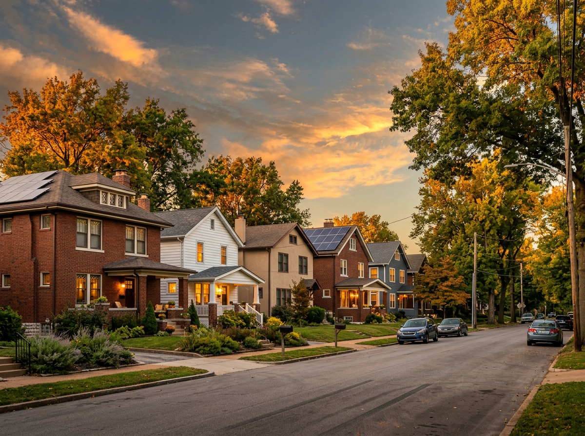 A diverse neighborhood of residential buildings at sunset, representing the collective potential of energy-efficient homes
