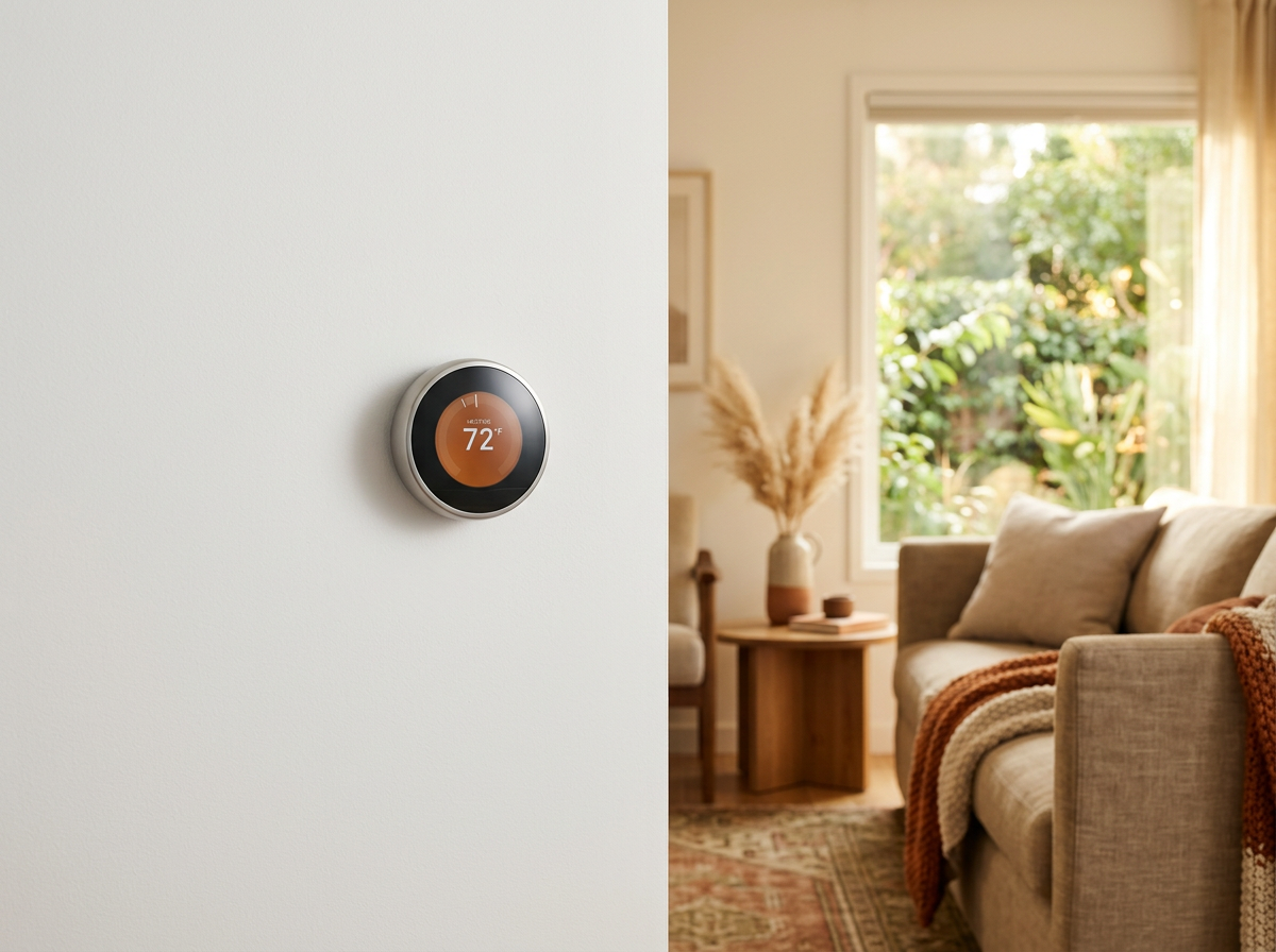 A smart thermostat mounted on a wall displaying energy usage data and temperature settings